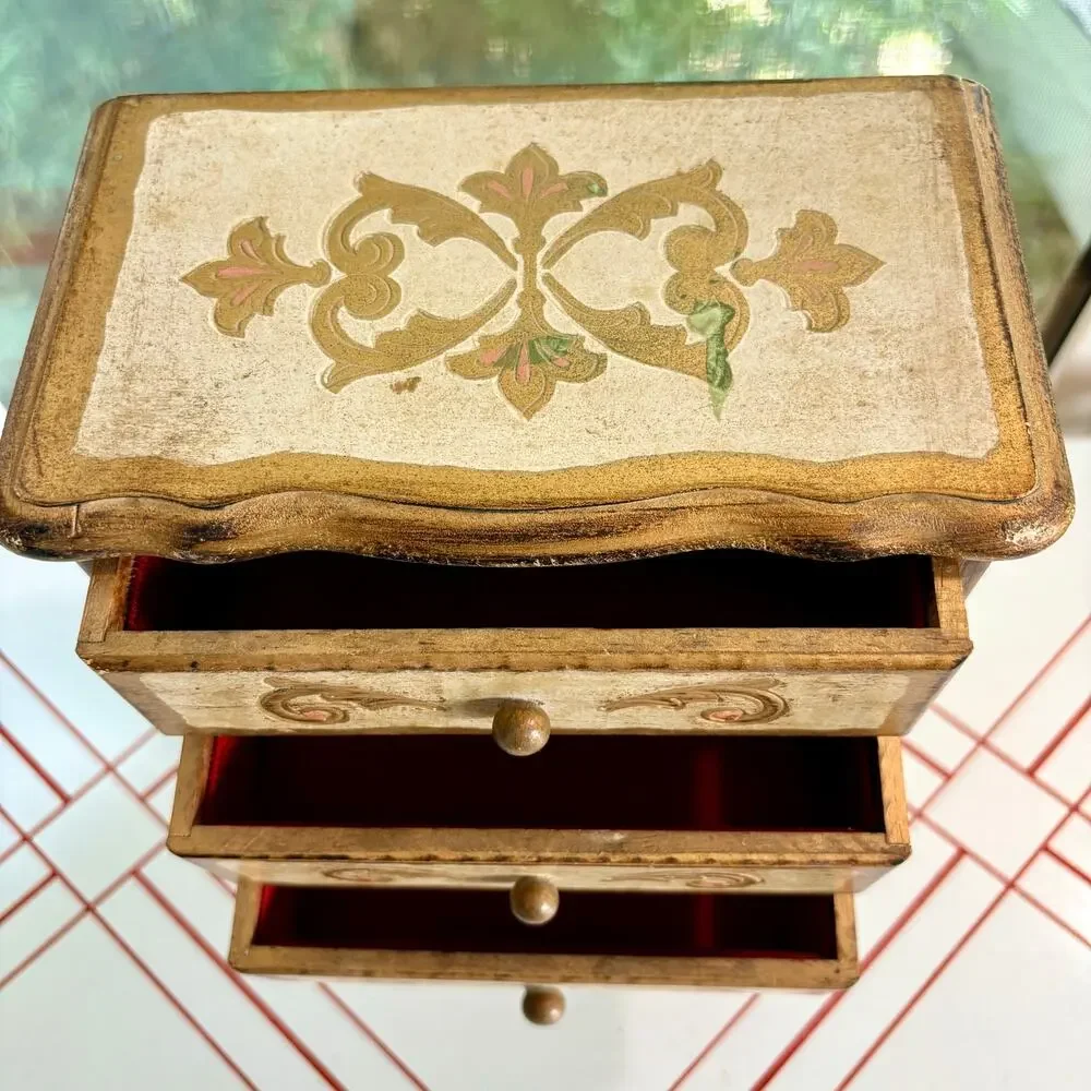 Vintage Mele Japan 4 Drawer Musical Jewelry Box Florentine Gold Red Velvet